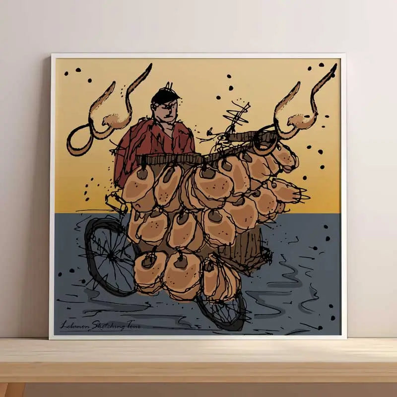 Lebanese street food poster of the Kaak vendor as Lebanese poster square format